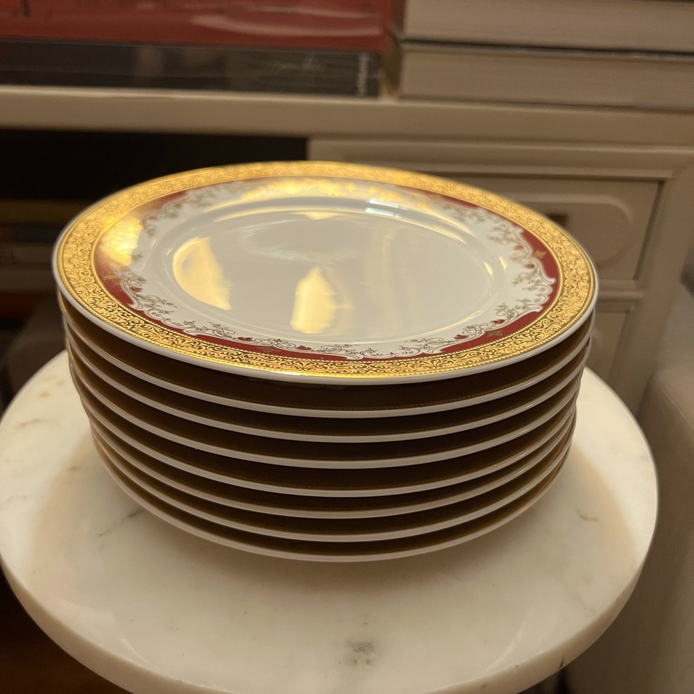 Royal Prague Czech Republic Thun Gold Band Red Bohemia Porcelain Dessert Plates